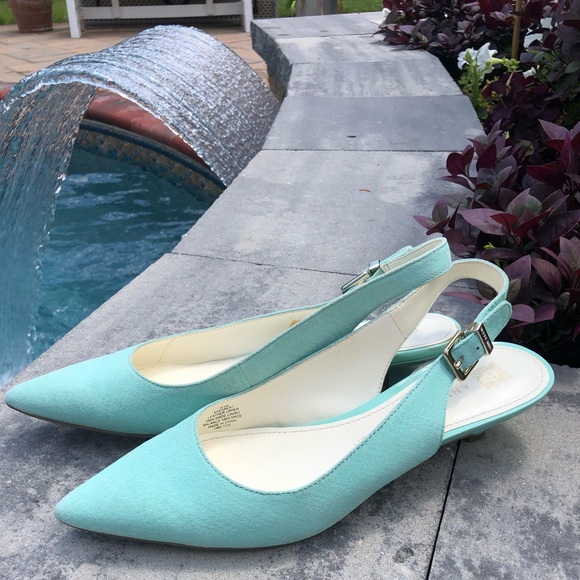 teal low heel shoes
